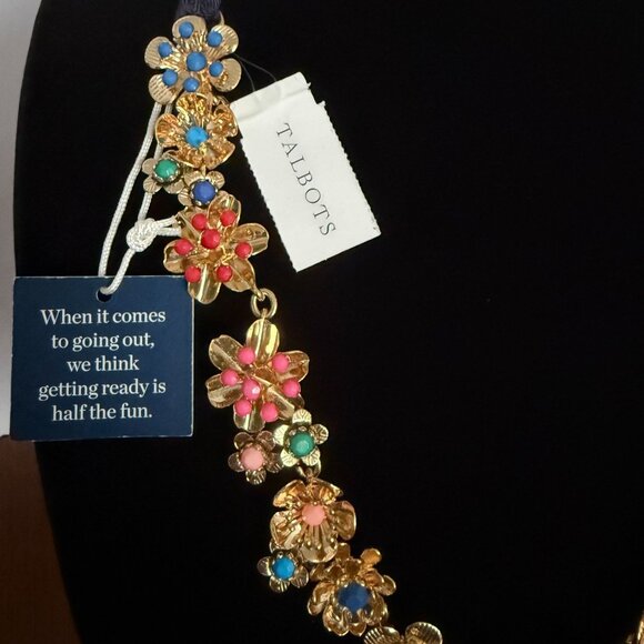 NWT RSVP By Talbots Adjustable Ribbon Tie Statement Necklace Gold-Tone Flowers - Picture 2 of 11